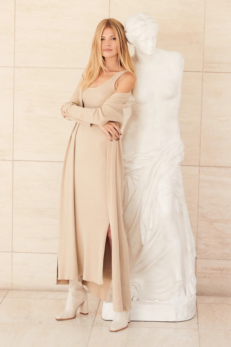 Layer Lover Beige Ribbed Knit Two-Piece Dress & Cardigan Set | Lulus
