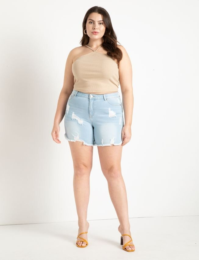 Distressed Denim Short | Women's Plus Size Pants | ELOQUII | Eloquii