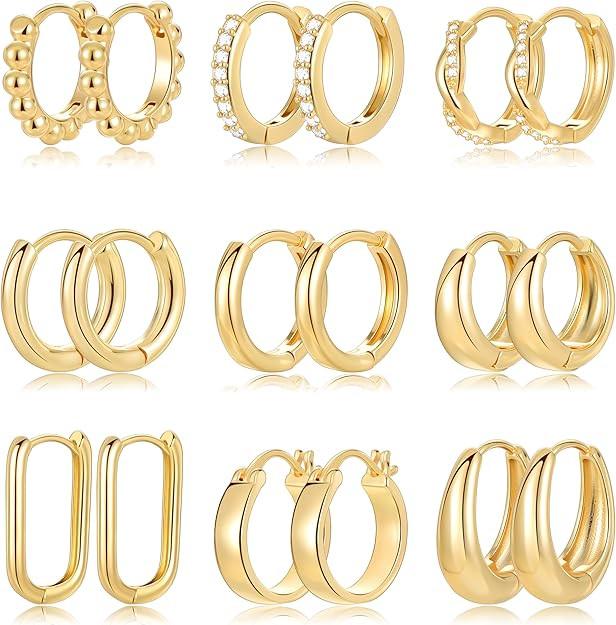 9 Pairs Small Gold/Silver Hoop Huggie Earrings Set for Women, 14K Gold Plated Chunky Hoop Small E... | Amazon (US)