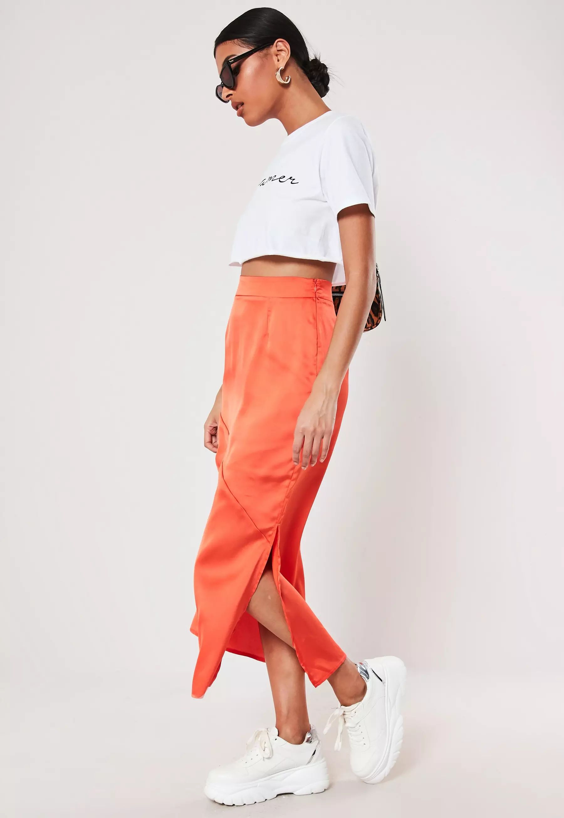 Missguided - Orange Satin Bias Cut Midi Slip Skirt | Missguided (US & CA)
