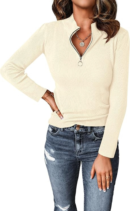 PRETTYGARDEN Spring Quarter Zip Pullover Sweaters for Women 2026 Long Sleeve Collared Fitted Ribb... | Amazon (US)
