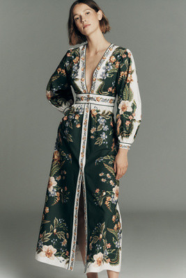 Farm Rio Nature Long-Sleeve Plunge Maxi Dress | Anthropologie (US)