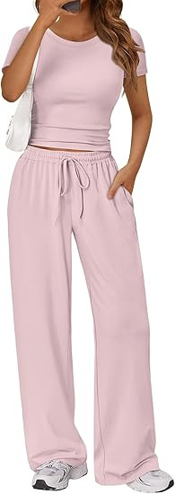 Trendy Queen 2 Piece Matching Summer Sweatsuit Lounge Set Womens Wide Leg Pants Side Ruching Crop... | Amazon (US)