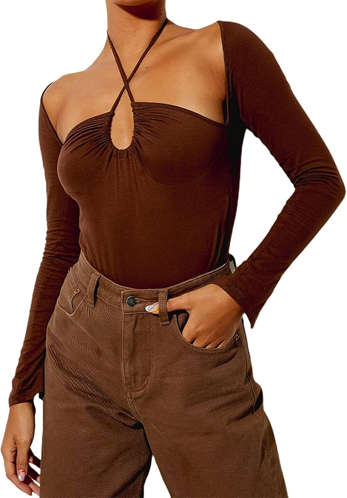 Remidoo Women's Casual Crisscross Halter Cut Out Long Sleeve Crop Top T Shirt | Amazon (US)