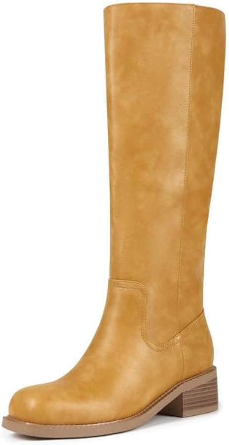 ZJA Knee High Boots Square Toe Boots Low Heel Flat Long Boots for Women Dress Chunky Comfortable ... | Amazon (US)