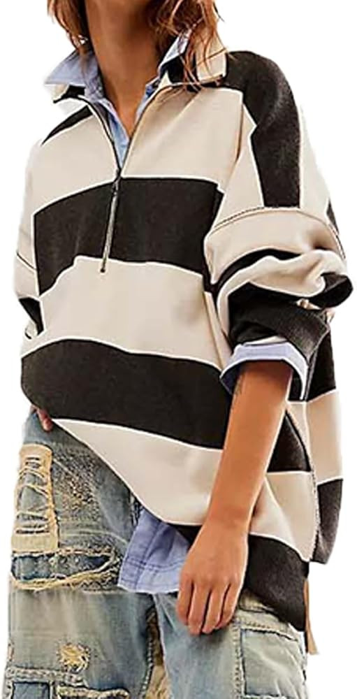 Women's Half Zip Striped Sweatshirt Oversized Sweatshirt Long Sleeve Knit Pullover Sweater Tops | Amazon (US)