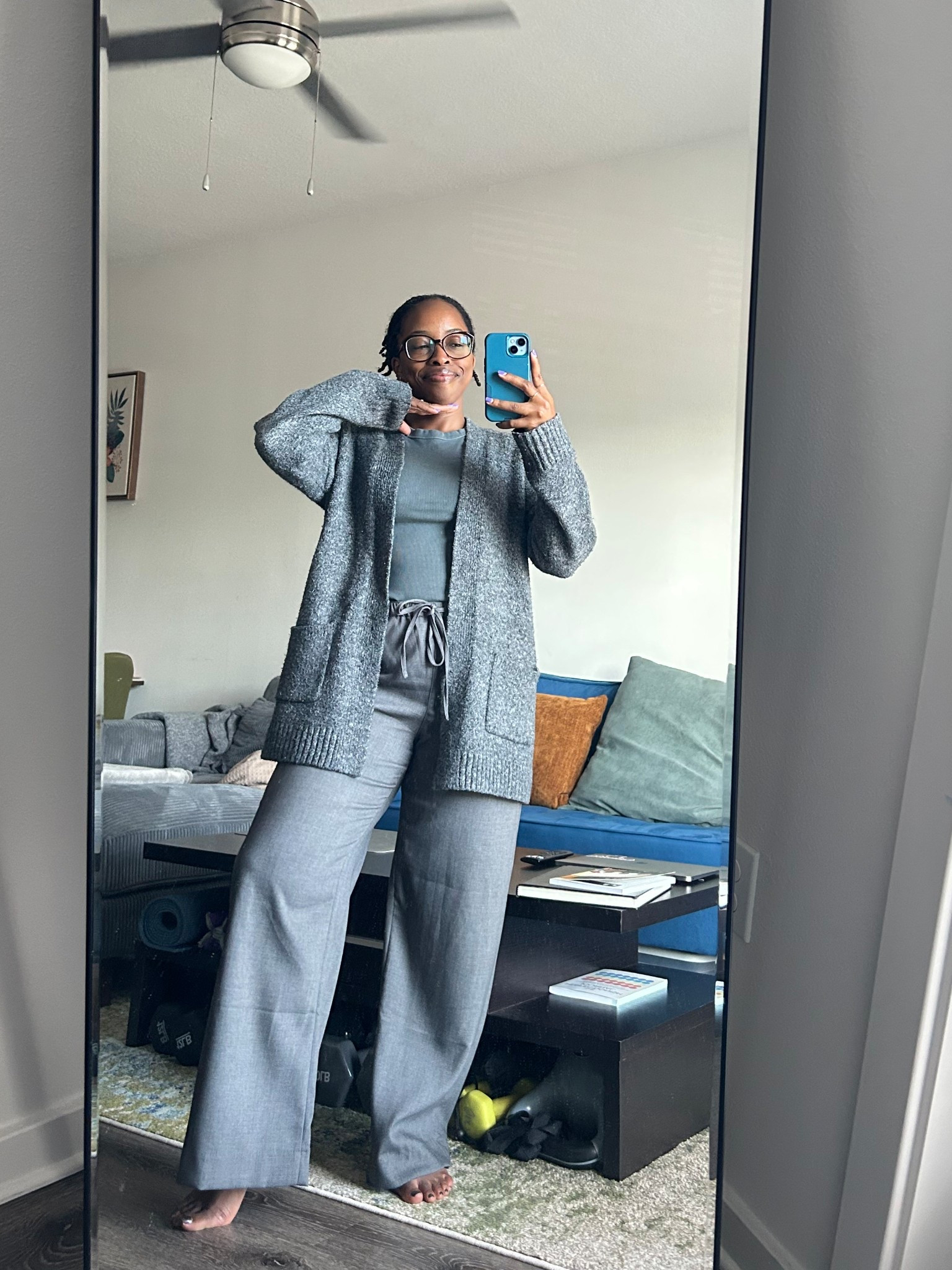 WFH ootd wearing a comfy cardigan, basic tee and pull-on trousers! #ootd #workoutfit #casualoutfit

#LTKFindsUnder100 #LTKPetite #LTKSaleAlert