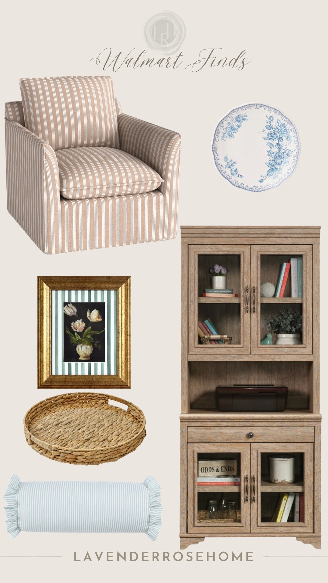 Classic Walmart home finds-timeless style, affordable pieces, and everyday essentials 

Home Decor, woven tray, display cabinet, accent chair, striped chair, bolster pillow, blue & white, wall art, affordable finds, Walmart finds, classic finds, lavenderrosehome


#LTKHome