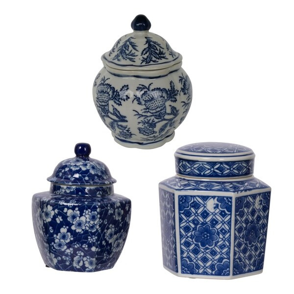 Leith 7-inch White and Blue Decorative Jars (Set of 3) | Bed Bath & Beyond