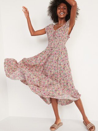 Smocked Waist-Defined Floral-Print Midi Dress for Women | Old Navy (US)