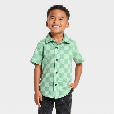 Toddler Boys' Checkered Short Sleeve Button-Down Shirt - Cat & Jack™ Green 12M | Target