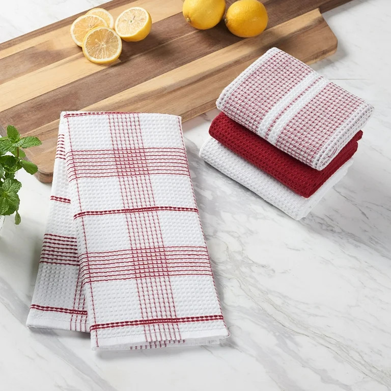 Better Homes & Gardens Red Mark Cotton Waffle-Weave Dual-Purpose Oversized Kitchen Towels 4 Pack | Walmart (US)
