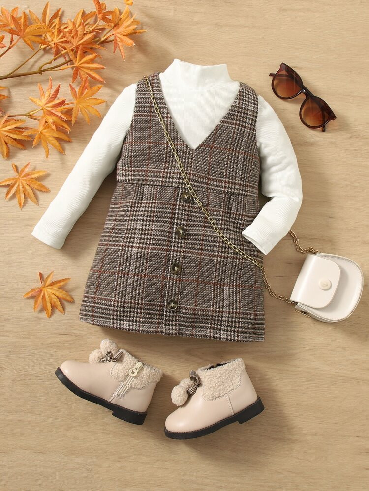 SHEIN Baby Mock Neck Tee & Plaid Single Breasted Overall Dress Without Bag | SHEIN