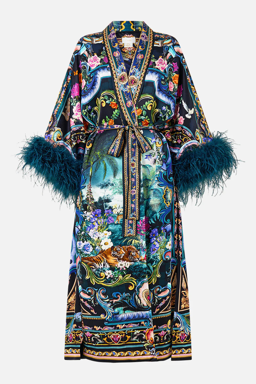 LONG ROBE WITH NARROW COLLAR AND FEATHERS BASKED IN BAROQUE | Camilla US