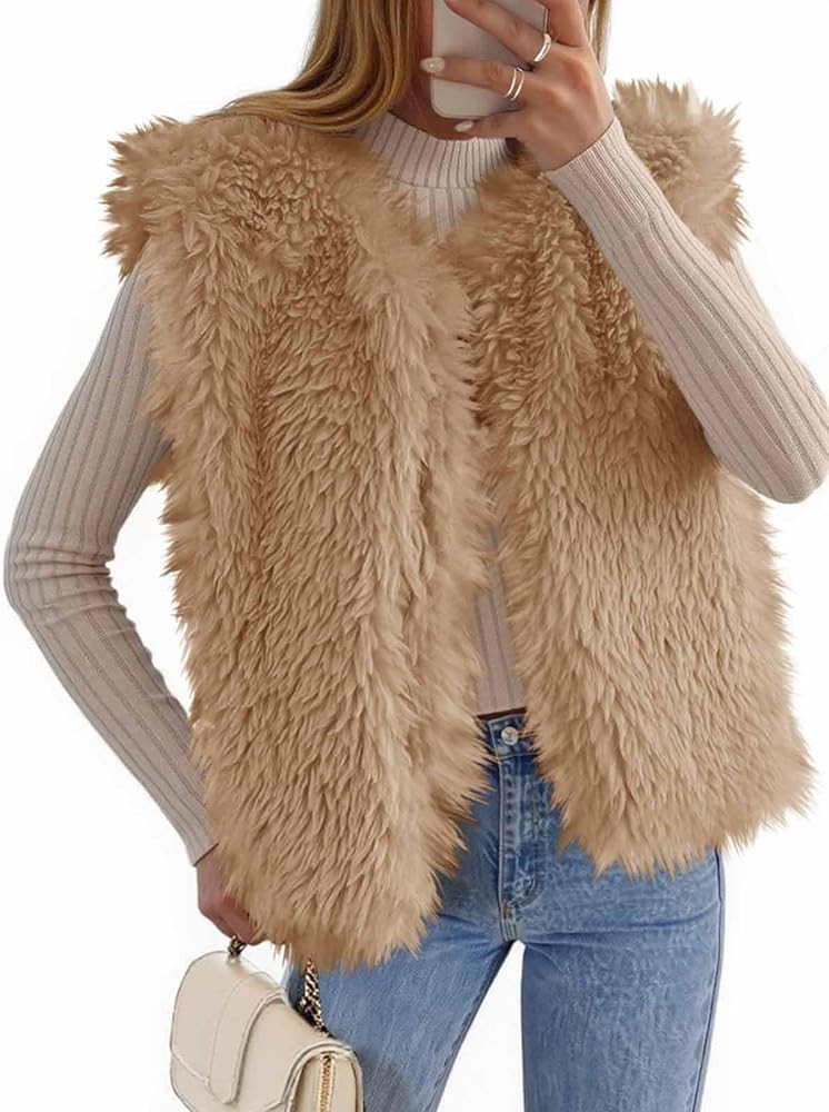 Tankaneo Womens Faux Fur Vest Cropped Sleeveless Warm Winter Shaggy Open Front Outerwear Vest | Amazon (US)