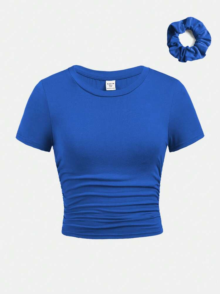 SHEIN Girlism Tween Girl Fitted Casual Round Neck Short Sleeve Ruched Side T-Shirt With Hair Scru... | SHEIN