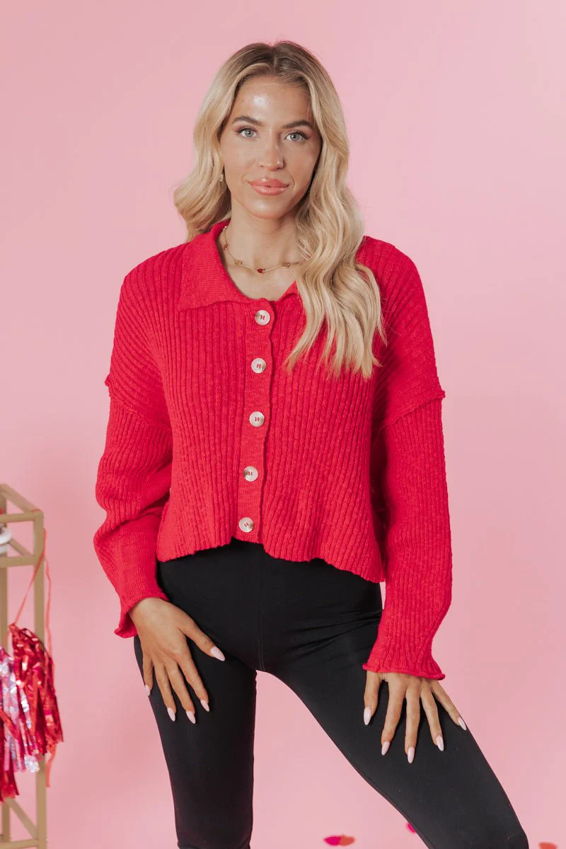 Loving On You Button Down Sweater - Red | Magnolia Boutique