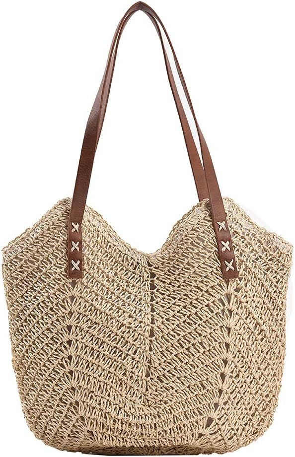 Straw Bag for Women Summer Beach Bag Soft Woven Tote Bag Large Rattan Shoulder Bag for Vacation | Amazon (US)