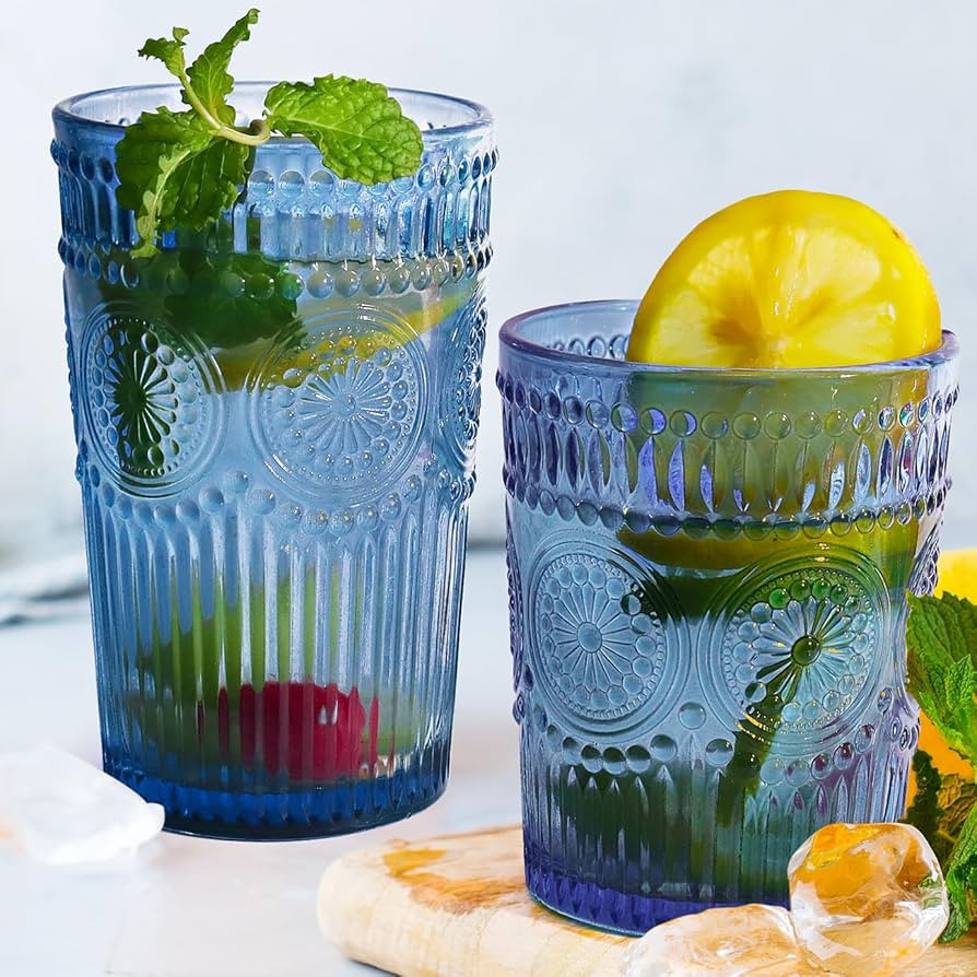 12pcs Vintage Drinking Glasses Set, 12 oz Highball Glasses & 9 oz Embossed Ribbed Glassware Cups ... | Amazon (US)