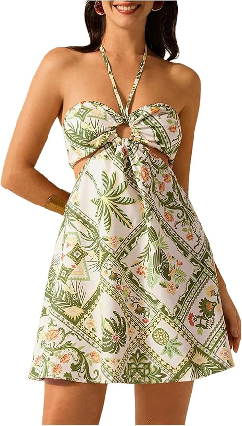 MakeMeChic Women's Summer Tropical Print Mini Dress Sundress 2025 Halter Backless Cut Out Short D... | Amazon (US)
