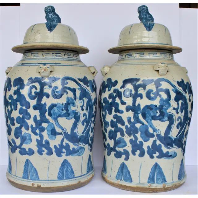 Large Chinoiserie Blue and White Scroll and Leaf Ginger Jars, a Pair | Chairish