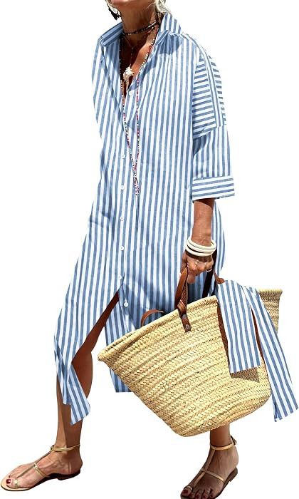 Womens Shirt Dresses Striped Lapel 3/4 Sleeve Maxi Dress Button Down Split Belted | Amazon (US)