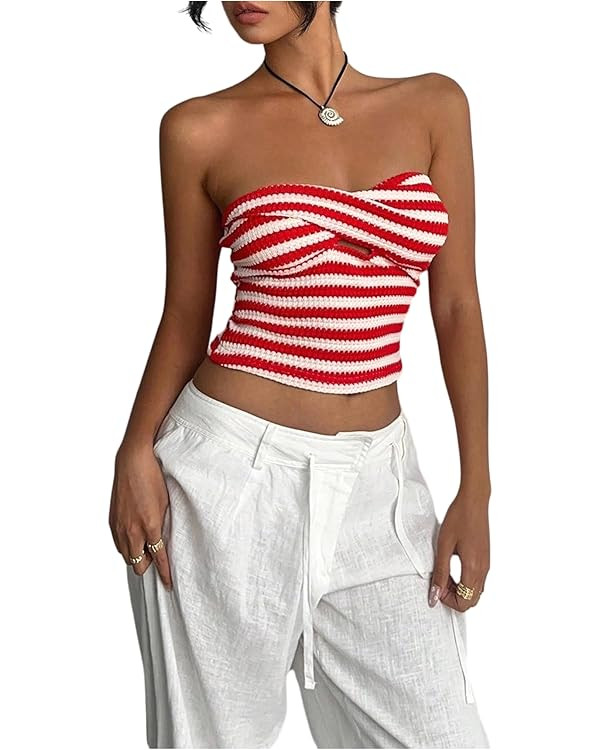 MakeMeChic Women's Striped Strapless Tube Tops Wrap Sleeveless Knit Y2k Crop Tops | Amazon (US)