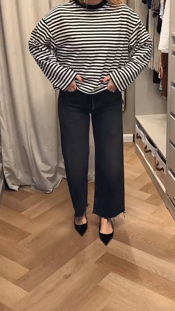 Stripe tee
Black jeans
Cropped wide leg black jeans 


#LTKootd #LTKdayinmylife #LTKSeasonal