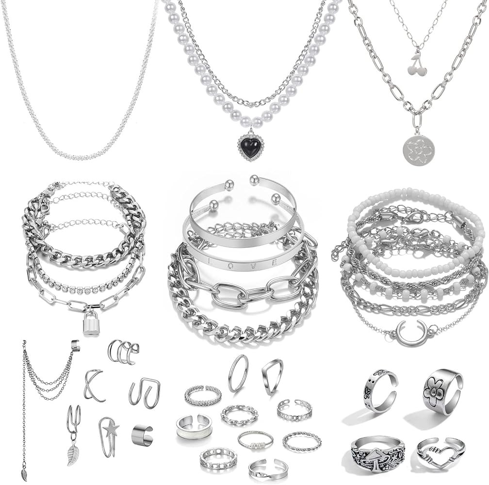 IFKM 36 PCS Silver Plated Jewelry Set with 3 PCS Necklace, 12 PCS Bracelet, 7 PCS Ear Cuffs Earri... | Amazon (US)