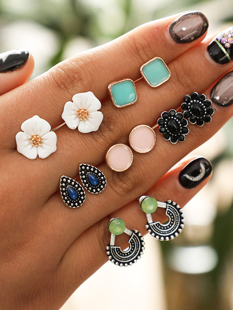 Square & Flower Stud Earrings 6pairs | SHEIN