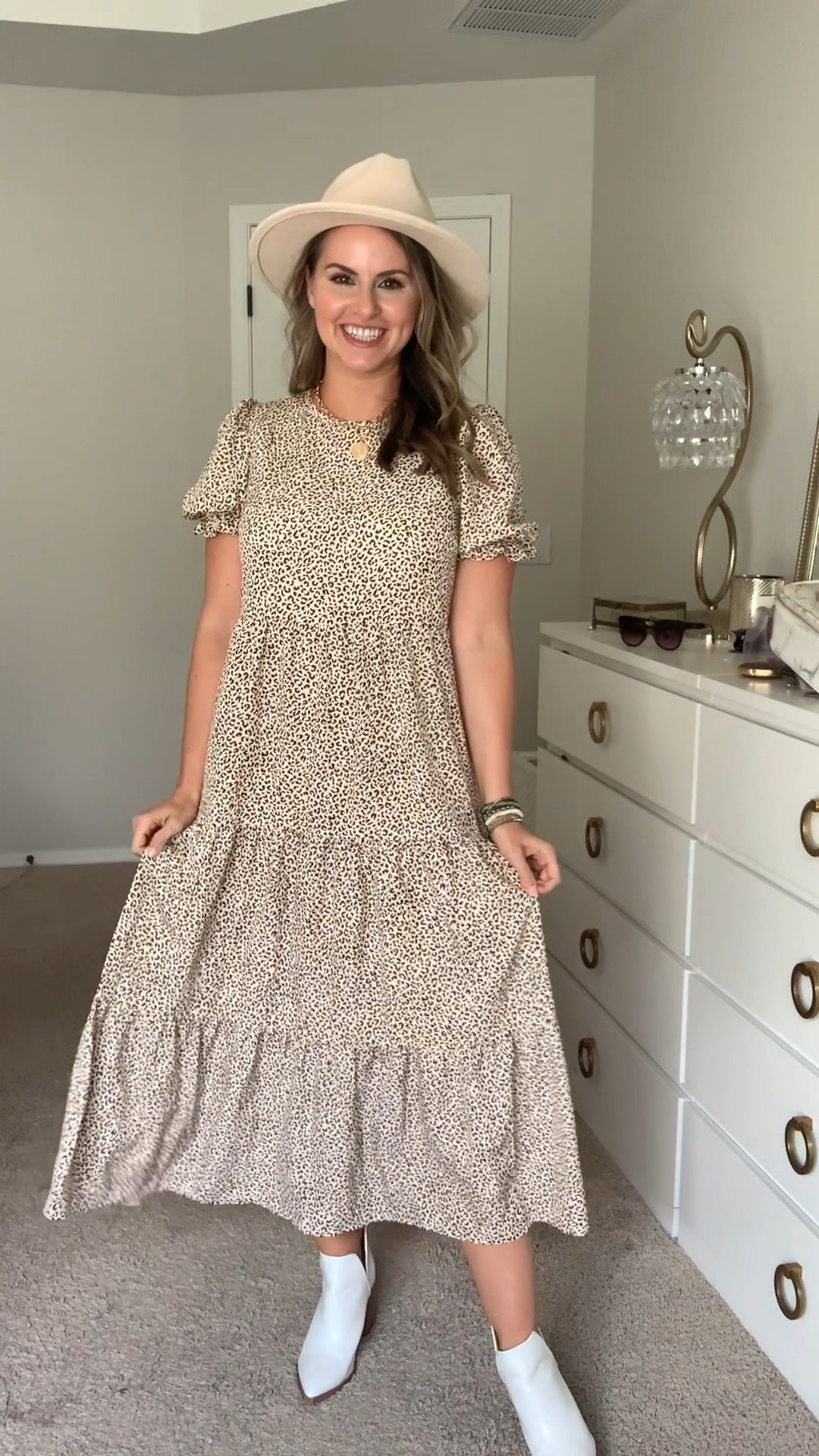 Fall outfit 🍁 Amazon fashion try on of this fall dress! Wearing size small in color “apricot.” Fits true to size. 
The perfect dress to dress up with boots or down with sneakers. Great for family photos, teacher outfit/ workwear, church, etc! The boots are my absolute fave Amazon shoe find!! Come in brown, black and I got the white snake skin ankle boot!

#LTKstyletip #LTKSeasonal #LTKunder50