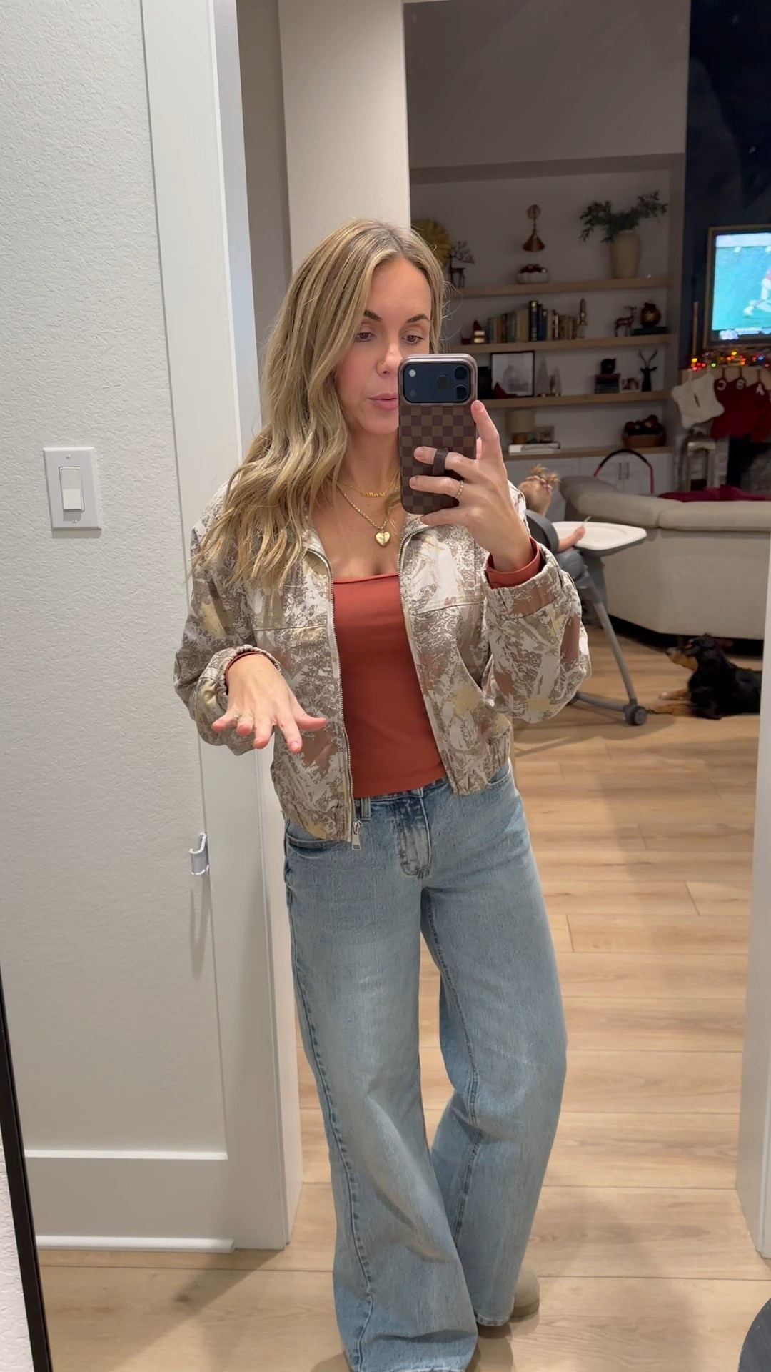 Camo jacket is tts! Jeans run roomy and lose fitting so you could size down if you like yours snug in the booty and legs. 

#LTKmomlife #LTKootd