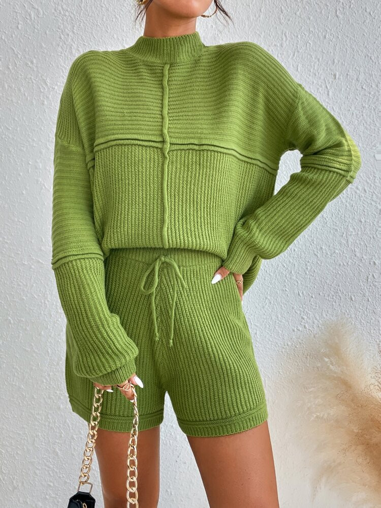 Mock Neck Drop Shoulder Sweater & Tie Waist Knit Shorts | SHEIN