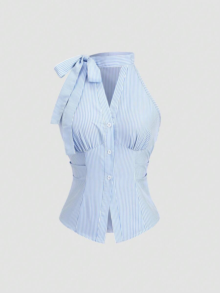 Sweetra Women's New Arrivals Scholar-Style Sleeveless Bowknot Waist Slim Striped Blouse | SHEIN