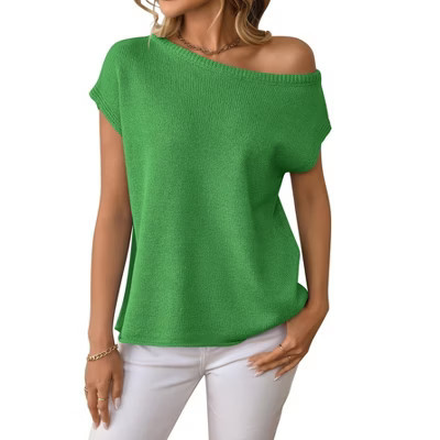 Clearlove Women's Knit Off The Shoulder Tops Summer Casual Short Sleeve Beach Vacation Tops,Green,L | Target
