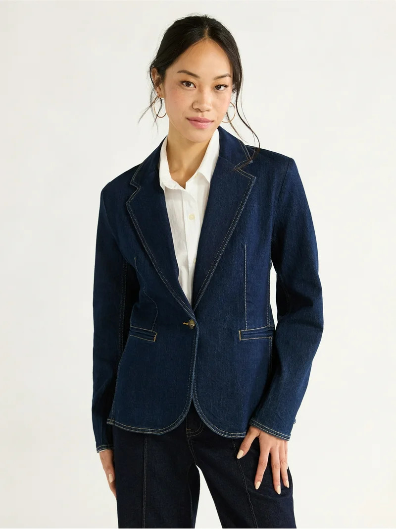 Free Assembly Women's Single Breasted Denim Blazer, Sizes XS-XXL | Walmart (US)