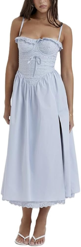 Women Y2k Boho Maxi Dress Square Collar Backless Floral Split Corset Dress Cottagecore Sleeveless... | Amazon (US)