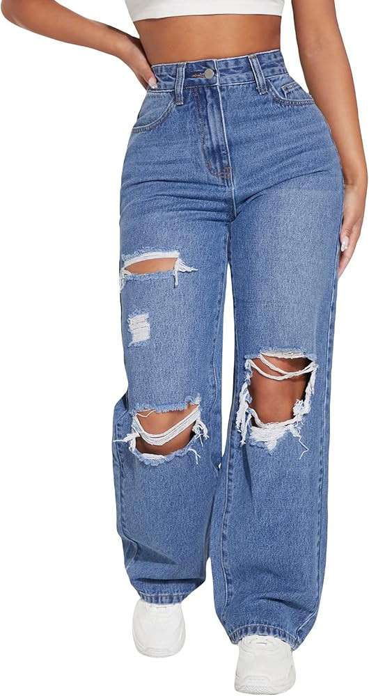 Floerns Women's Ripped High Waist Baggy Jeans Straight Leg Denim Pants | Amazon (US)