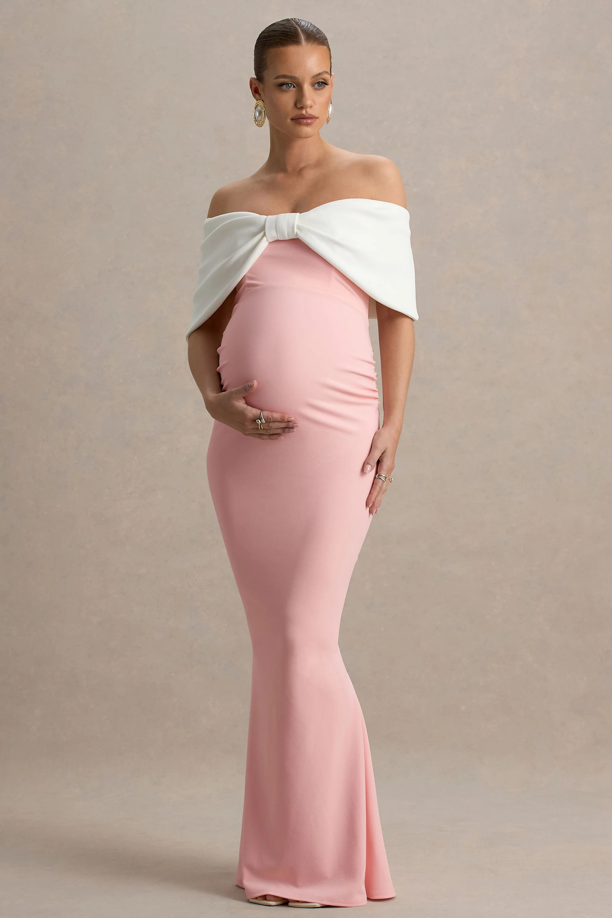 Libra | Pink & White Bow Bardot Maternity Maxi Dress | Club L London