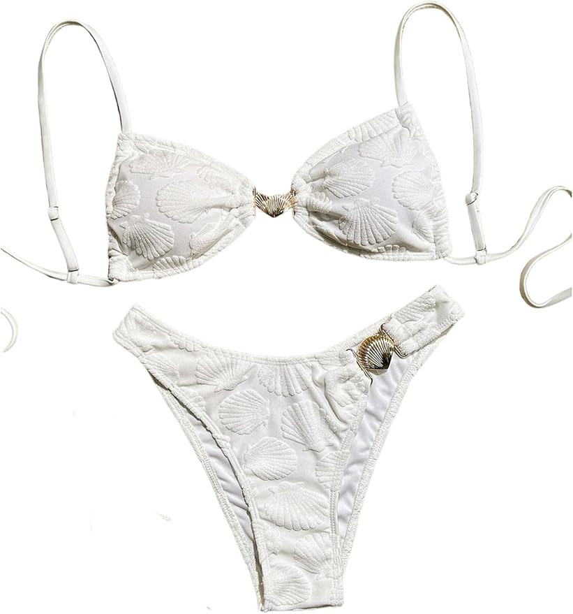 SHENHE Women's 2 Piece Swimsuits Shell Metal Textured High Cut Bandeau Bikini Set Swimwear | Amazon (US)