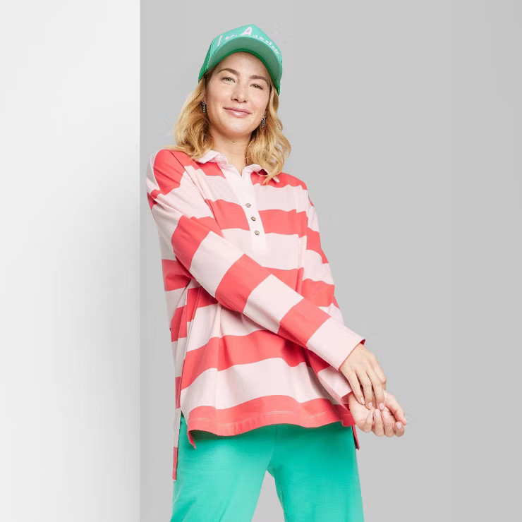 Women's Ascot + Hart Rugby Long Sleeve Graphic Polo Shirt - Pink/Red | Target