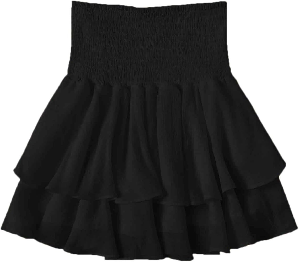 SheIn Women's Solid Shirred High Waist Layered Ruffle Hem Flared Mini Skirt | Amazon (US)