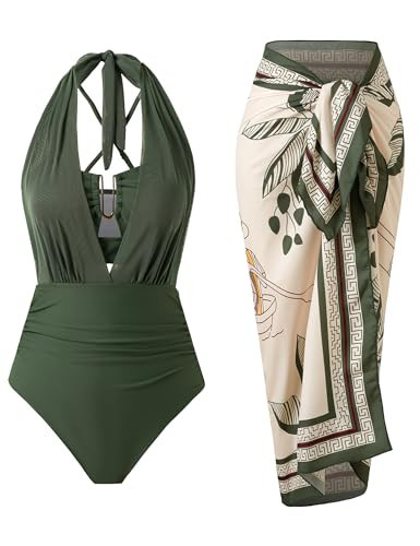 ININSANI One Piece Mesh Swimsuit for Women with Cover up Retro high Waisted Bikini Set Plunge Bathing Suit ArmyGreen | Amazon (US)