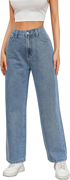SweatyRocks Women's Casual Loose High Waist Solid Straight Wide Leg Jeans | Amazon (US)