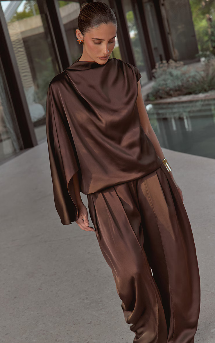 Dark Chocolate Satin Panel Detail Trousers | Co-ords | PrettyLittleThing IE