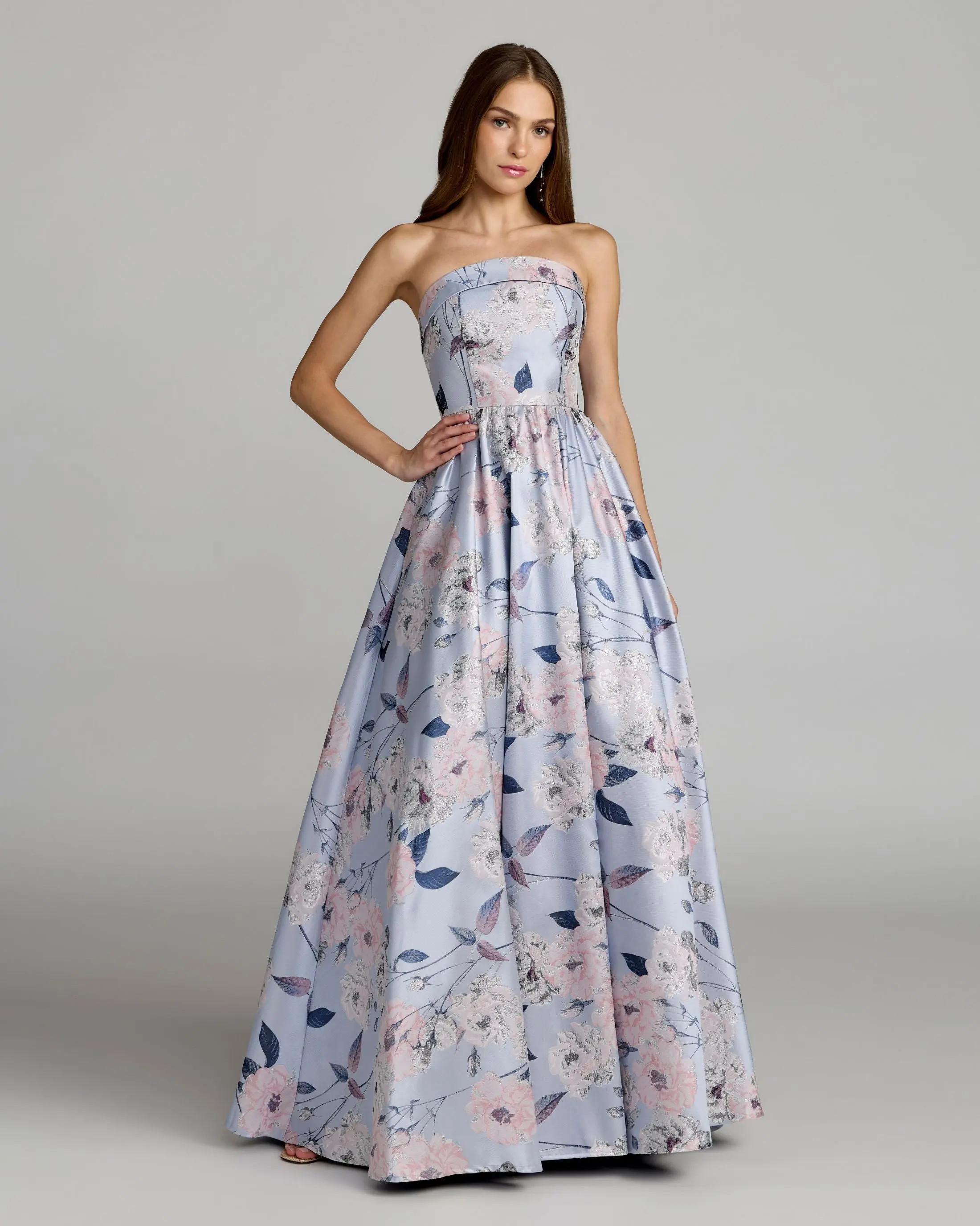 Blue Floral Brocade Strapless Ball Gown | Mac Duggal | Mac Duggal