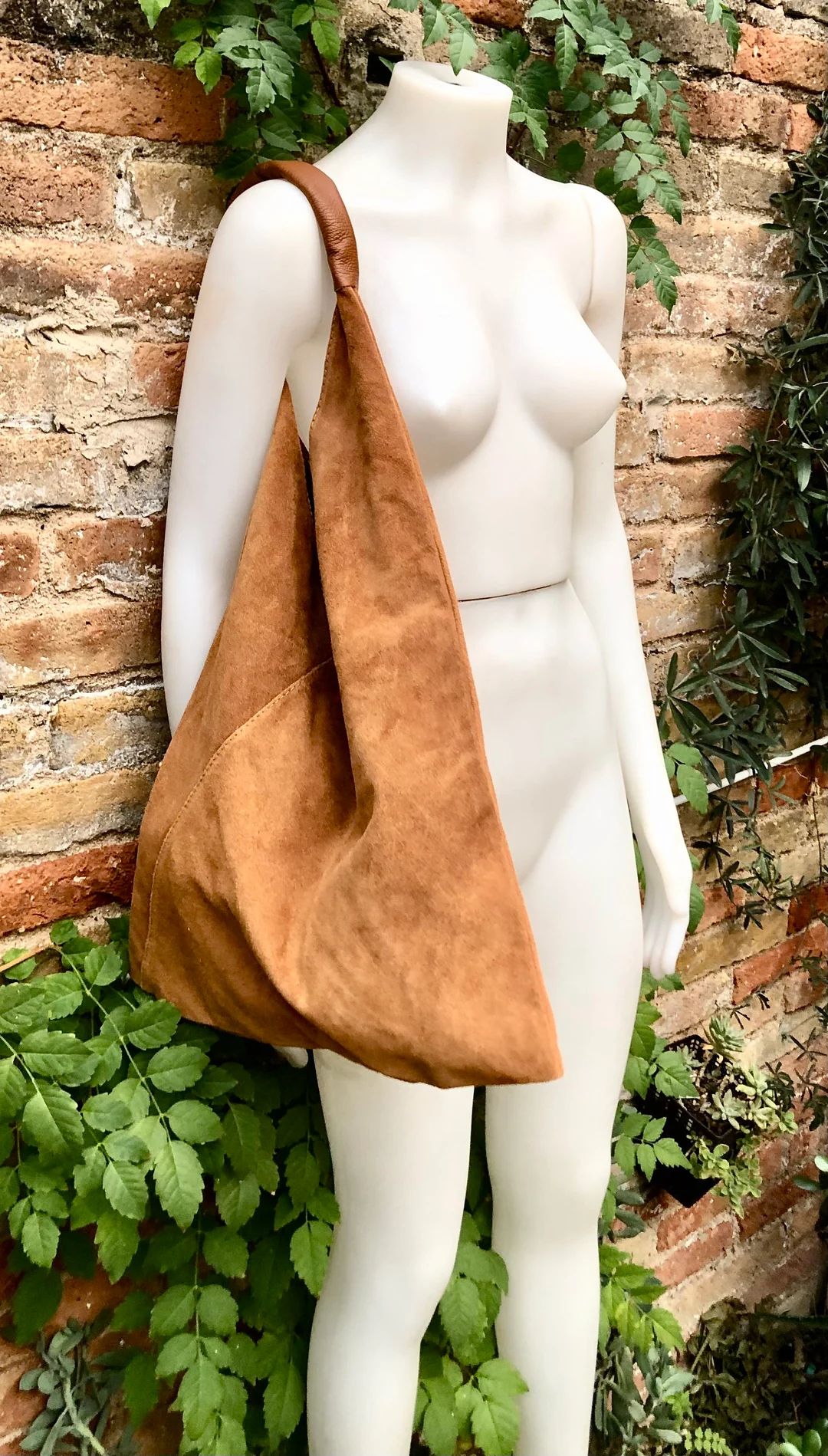 CAMEL Brown Suede Slouch Leather Bag. Genuine Leather Large Shoulder Bag. Rusty Brown Origami Bag... | Etsy (US)