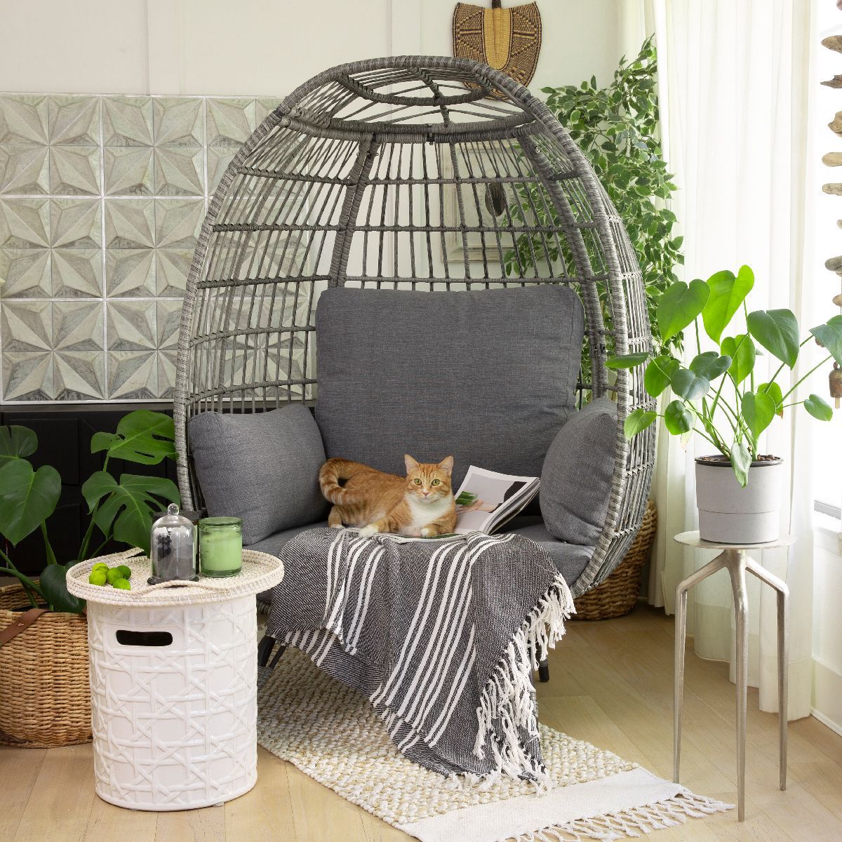 Oversized Egg Chair Style Wicker Chair with Canopy & 4 Cushions -Grey | Target