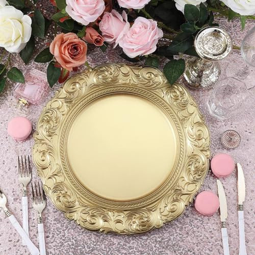 Efavormart Set of 6 GOLD 14" Round Plastic Charger Plates With Engraved Baroque Design Rim For Wedding Party Events | Amazon (US)