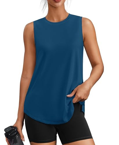 PINSPARK Women's Workout Tops UV Protection Athletic Tank Tops Sleeveless Yoga Running Shirt Loose Fit Gym Muscle Tanks with Side Slits, Dark Blue Large | Amazon (US)